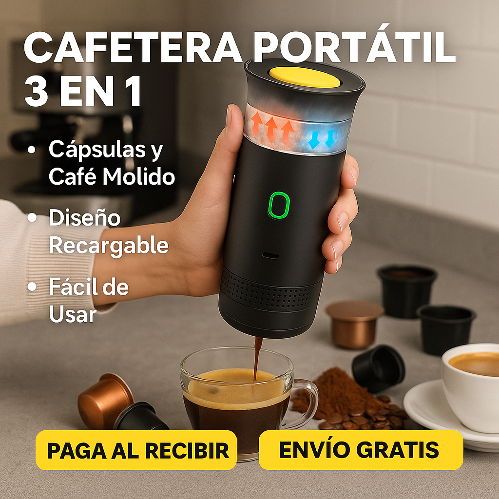 💎 Cafetera Portátil 3 en 1 – 👉 Espresso perfecto con cápsulas, café molido o instantáneo. ✨ ¡Llévala contigo a todas partes!